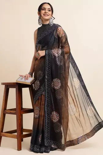 Ornage Digital Print::Embellished::Embroidered Lycra Blend Bollywood Saree With Blouse