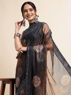 Ornage Digital Print::Embellished::Embroidered Lycra Blend Bollywood Saree With Blouse 5