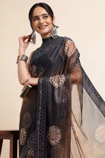 Ornage Digital Print::Embellished::Embroidered Lycra Blend Bollywood Saree With Blouse