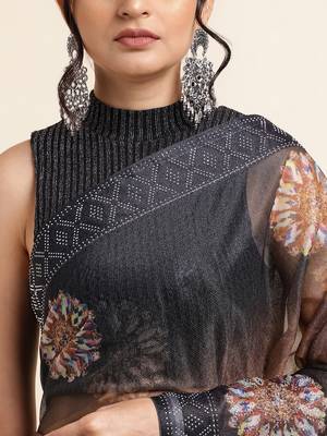 Ornage Digital Print::Embellished::Embroidered Lycra Blend Bollywood Saree With Blouse 6
