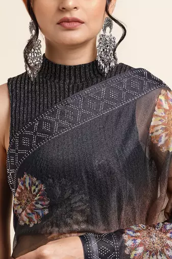 Ornage Digital Print::Embellished::Embroidered Lycra Blend Bollywood Saree With Blouse