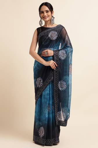 Blue Digital Print::Embellished::Embroidered Lycra Blend Bollywood Saree With Blouse