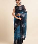 Blue Digital Print::Embellished::Embroidered Lycra Blend Bollywood Saree With Blouse