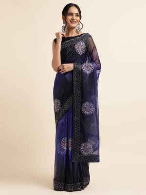 Royal Blue Digital Print::Embellished::Embroidered Lycra Blend Bollywood Saree With Blouse 1