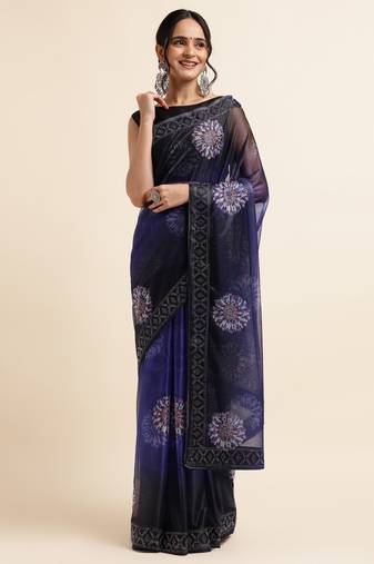 Royal Blue Digital Print::Embellished::Embroidered Lycra Blend Bollywood Saree With Blouse