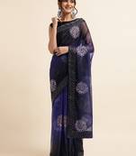 Royal Blue Digital Print::Embellished::Embroidered Lycra Blend Bollywood Saree With Blouse