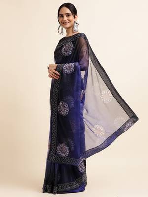 Royal Blue Digital Print::Embellished::Embroidered Lycra Blend Bollywood Saree With Blouse 2