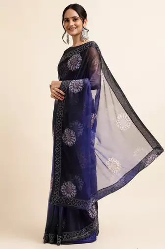 Royal Blue Digital Print::Embellished::Embroidered Lycra Blend Bollywood Saree With Blouse