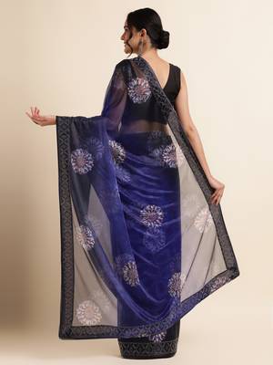 Royal Blue Digital Print::Embellished::Embroidered Lycra Blend Bollywood Saree With Blouse 3