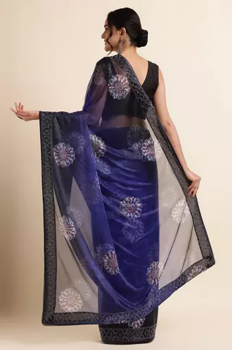 Royal Blue Digital Print::Embellished::Embroidered Lycra Blend Bollywood Saree With Blouse
