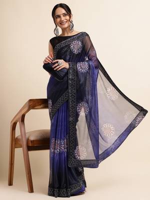 Royal Blue Digital Print::Embellished::Embroidered Lycra Blend Bollywood Saree With Blouse 4