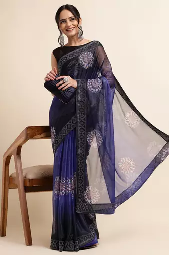 Royal Blue Digital Print::Embellished::Embroidered Lycra Blend Bollywood Saree With Blouse