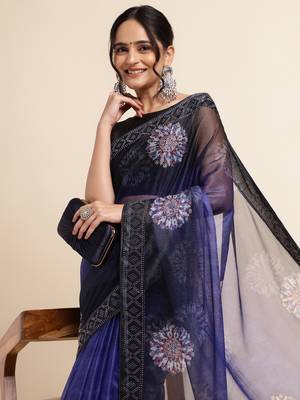 Royal Blue Digital Print::Embellished::Embroidered Lycra Blend Bollywood Saree With Blouse 5
