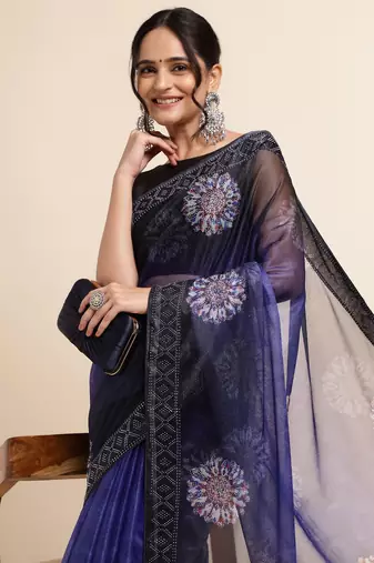 Royal Blue Digital Print::Embellished::Embroidered Lycra Blend Bollywood Saree With Blouse