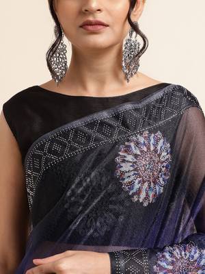 Royal Blue Digital Print::Embellished::Embroidered Lycra Blend Bollywood Saree With Blouse 6