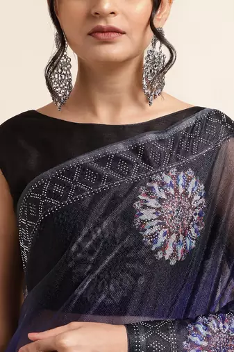 Royal Blue Digital Print::Embellished::Embroidered Lycra Blend Bollywood Saree With Blouse