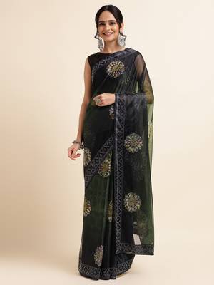 Green Digital Print::Embellished::Embroidered Lycra Blend Bollywood Saree With Blouse 1