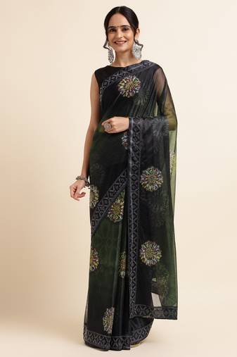 Green Digital Print::Embellished::Embroidered Lycra Blend Bollywood Saree With Blouse