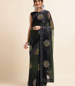 Green Digital Print::Embellished::Embroidered Lycra Blend Bollywood Saree With Blouse