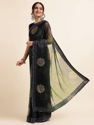 Green Digital Print::Embellished::Embroidered Lycra Blend Bollywood Saree With Blouse 2