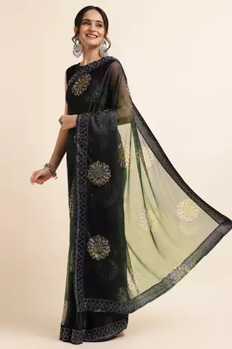 Green Digital Print::Embellished::Embroidered Lycra Blend Bollywood Saree With Blouse