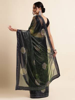 Green Digital Print::Embellished::Embroidered Lycra Blend Bollywood Saree With Blouse 3