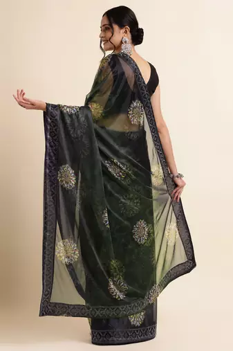 Green Digital Print::Embellished::Embroidered Lycra Blend Bollywood Saree With Blouse