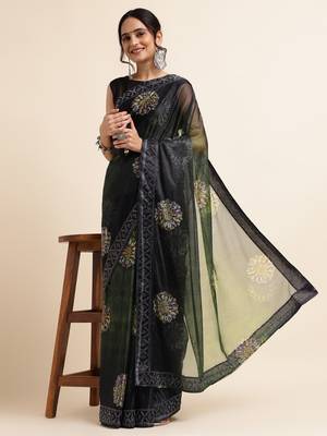 Green Digital Print::Embellished::Embroidered Lycra Blend Bollywood Saree With Blouse 4