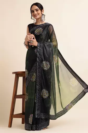 Green Digital Print::Embellished::Embroidered Lycra Blend Bollywood Saree With Blouse