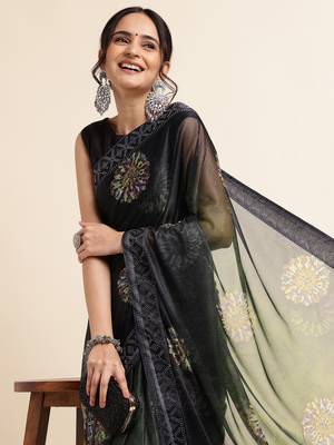 Green Digital Print::Embellished::Embroidered Lycra Blend Bollywood Saree With Blouse 5