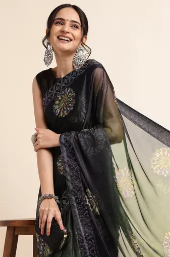 Green Digital Print::Embellished::Embroidered Lycra Blend Bollywood Saree With Blouse