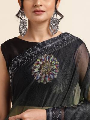 Green Digital Print::Embellished::Embroidered Lycra Blend Bollywood Saree With Blouse 6