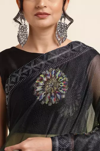 Green Digital Print::Embellished::Embroidered Lycra Blend Bollywood Saree With Blouse
