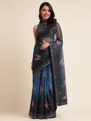 Blue Digital Print::Embellished::Embroidered Lycra Blend Bollywood Saree With Blouse 1