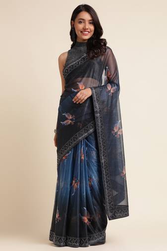 Blue Digital Print::Embellished::Embroidered Lycra Blend Bollywood Saree With Blouse