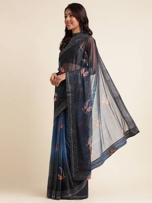 Blue Digital Print::Embellished::Embroidered Lycra Blend Bollywood Saree With Blouse 2