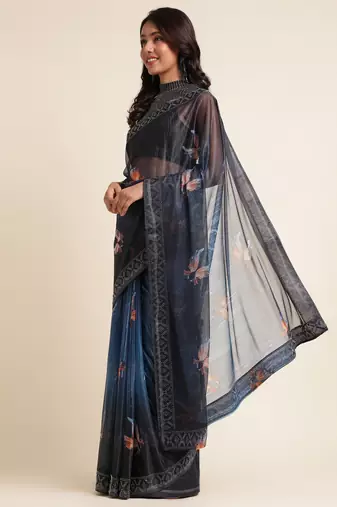 Blue Digital Print::Embellished::Embroidered Lycra Blend Bollywood Saree With Blouse