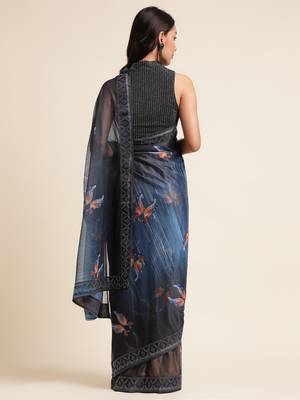 Blue Digital Print::Embellished::Embroidered Lycra Blend Bollywood Saree With Blouse 3