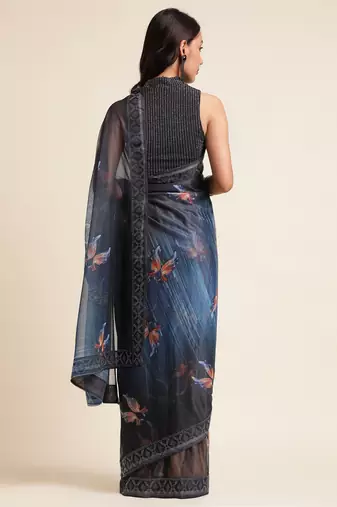 Blue Digital Print::Embellished::Embroidered Lycra Blend Bollywood Saree With Blouse