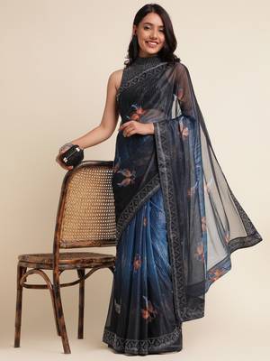 Blue Digital Print::Embellished::Embroidered Lycra Blend Bollywood Saree With Blouse 4