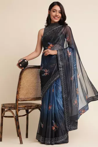 Blue Digital Print::Embellished::Embroidered Lycra Blend Bollywood Saree With Blouse