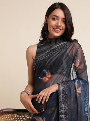 Blue Digital Print::Embellished::Embroidered Lycra Blend Bollywood Saree With Blouse 5