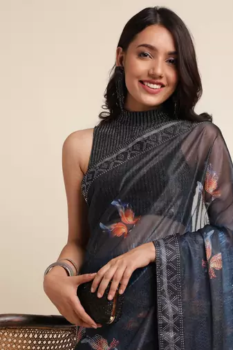 Blue Digital Print::Embellished::Embroidered Lycra Blend Bollywood Saree With Blouse
