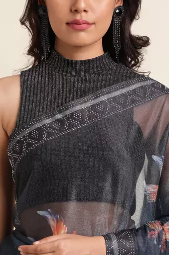 Blue Digital Print::Embellished::Embroidered Lycra Blend Bollywood Saree With Blouse