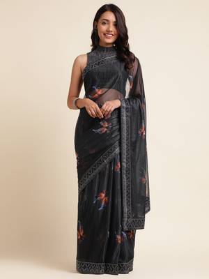 Coffee Digital Print::Embellished::Embroidered Lycra Blend Bollywood Saree With Blouse 1