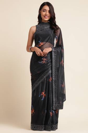 Coffee Digital Print::Embellished::Embroidered Lycra Blend Bollywood Saree With Blouse
