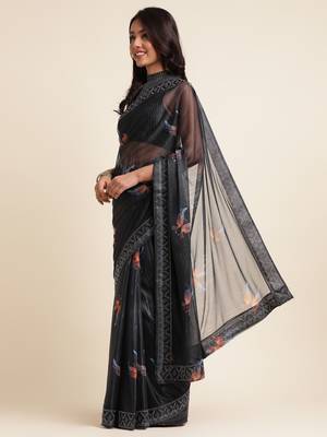Coffee Digital Print::Embellished::Embroidered Lycra Blend Bollywood Saree With Blouse 2