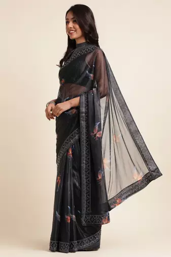 Coffee Digital Print::Embellished::Embroidered Lycra Blend Bollywood Saree With Blouse