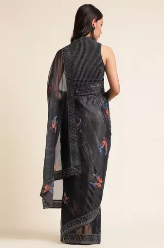 Coffee Digital Print::Embellished::Embroidered Lycra Blend Bollywood Saree With Blouse