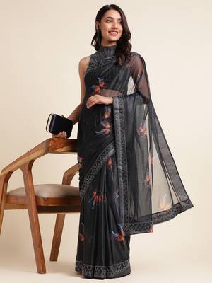 Coffee Digital Print::Embellished::Embroidered Lycra Blend Bollywood Saree With Blouse 4